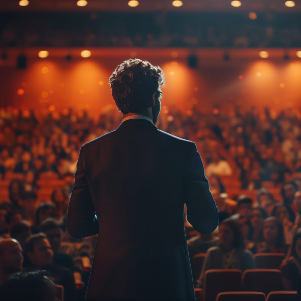 A man in a suit stands on stage, giving a presentation to a large audience in a theatre. The audience is attentive, creating an atmosphere of focus and engagement during the business event.